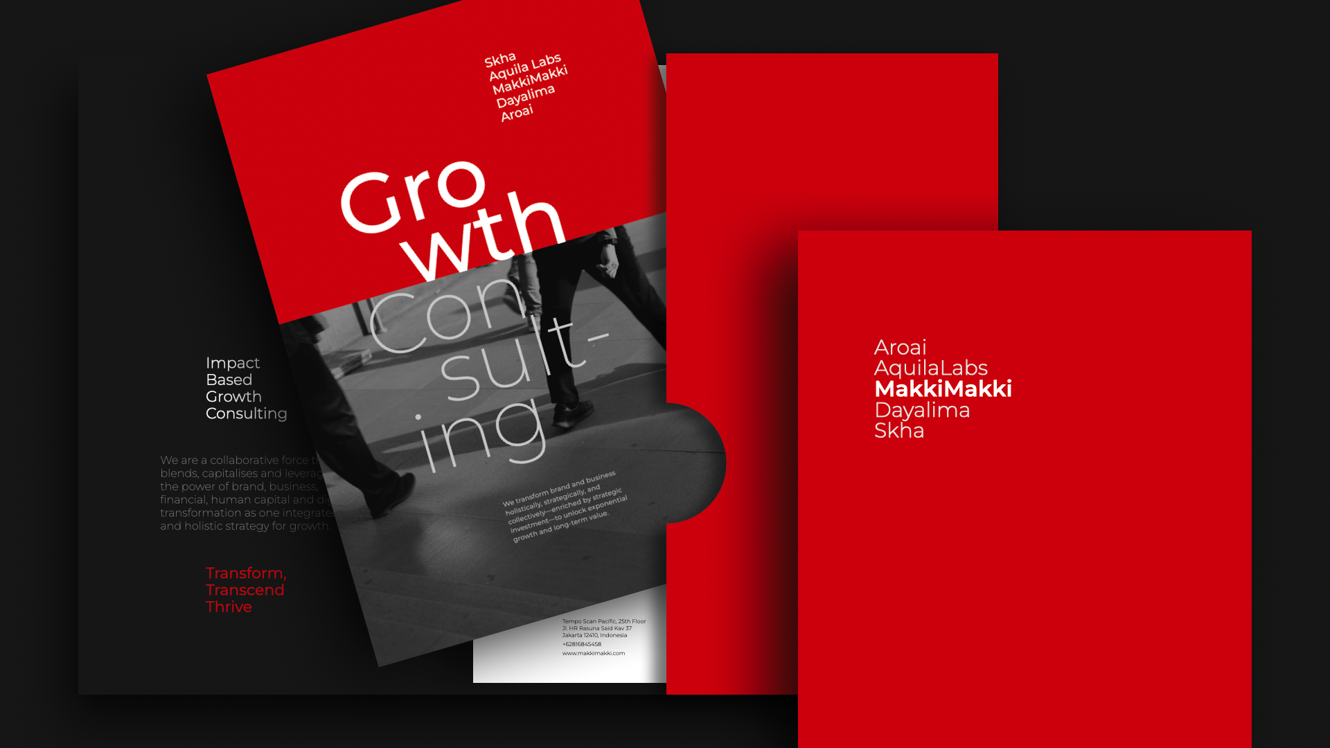 Red and black promotional graphic for MakkiMakki highlighting impact-based growth consulting with names of partner companies Aroai, Aquila Labs, Dayalima, and Skha, featuring the tagline 'Transform, Transcend, Thrive' and overlay of people walking.