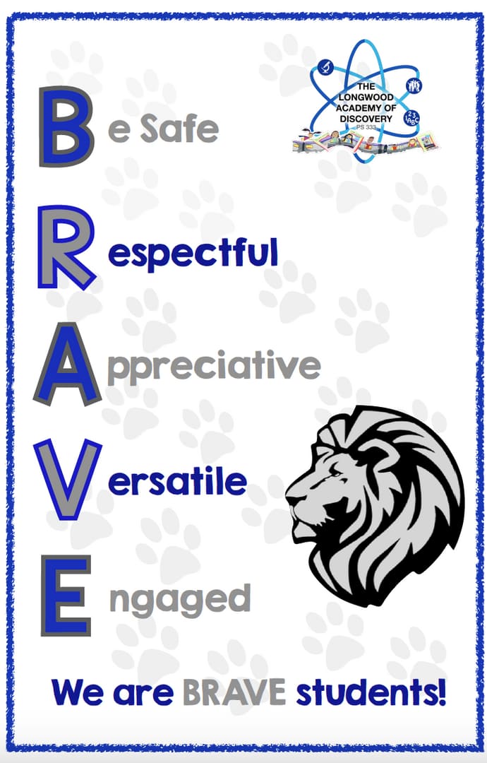 Longwood Academy BRAVE values poster Be Safe Respectful Appreciative Versatile Engaged