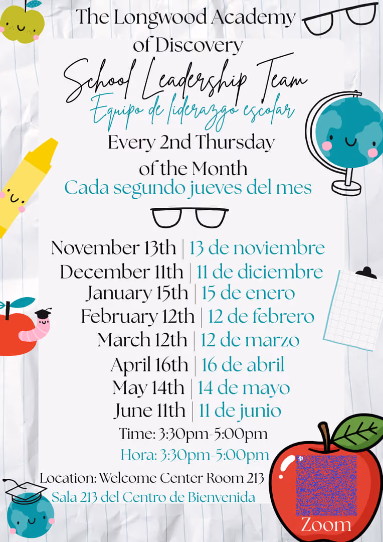 Longwood Academy School Leadership Team meeting dates flyer 2024 to 2025