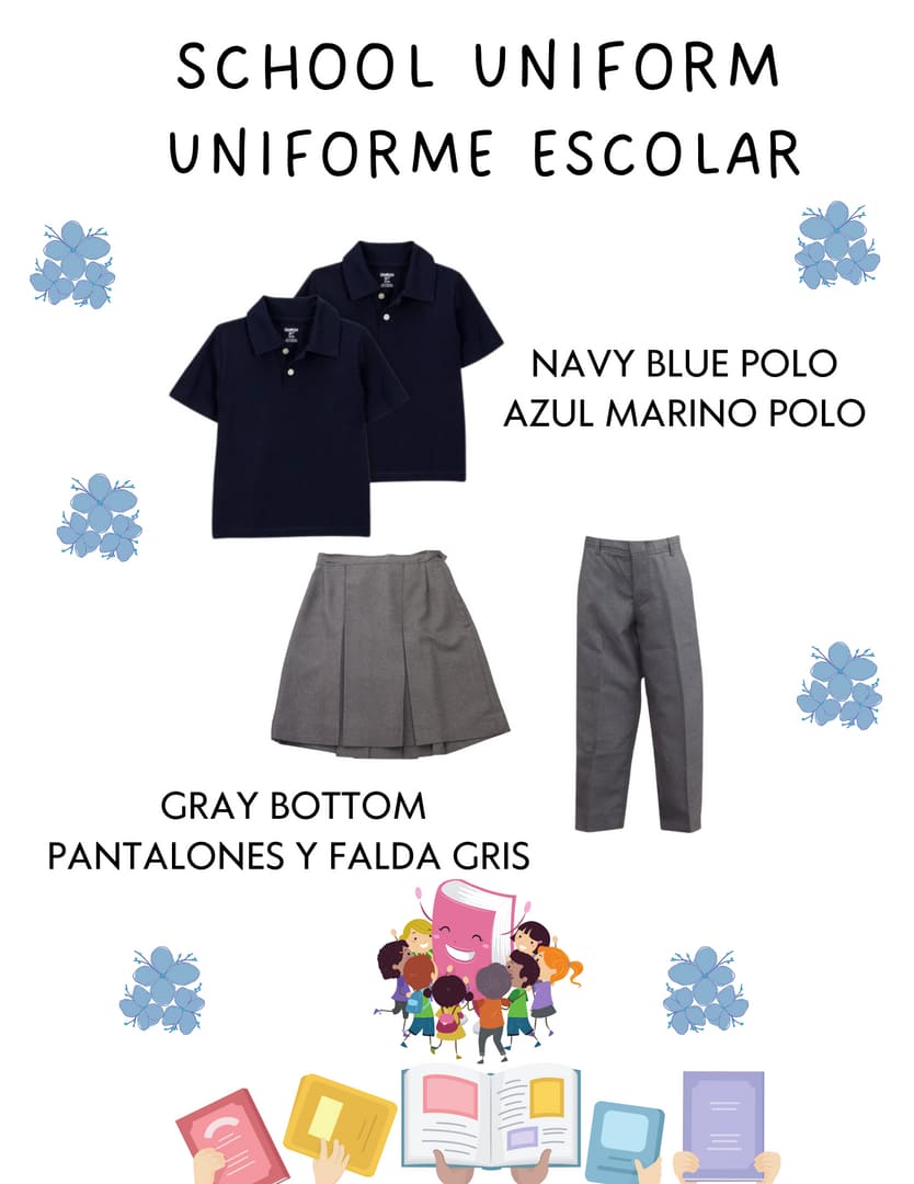 School uniform guide showing navy polo shirts and gray pants or skirt