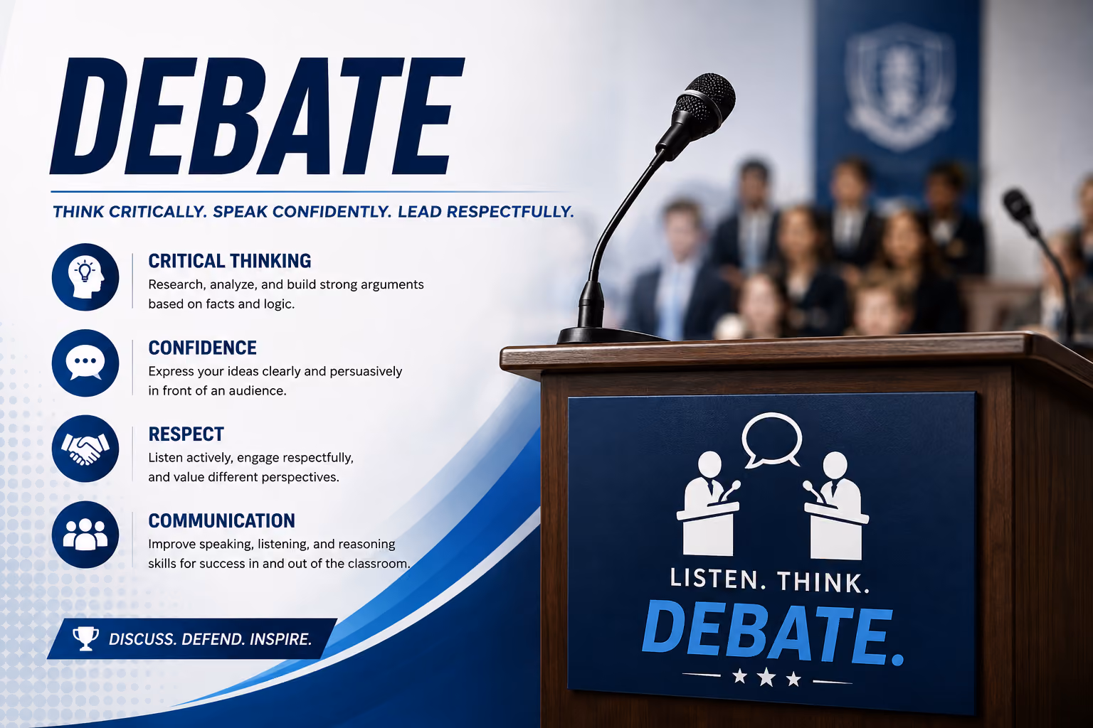 Debate club promotional graphic featuring podium microphone and student audience