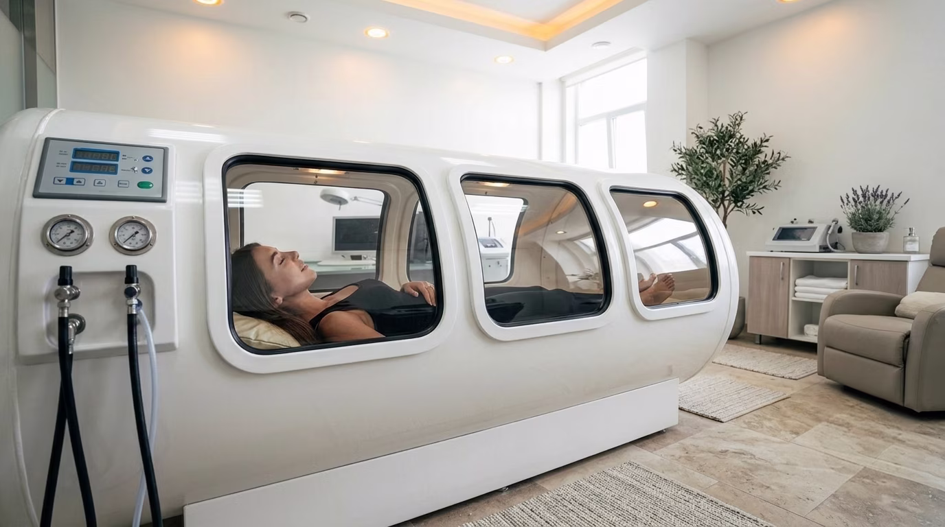 Clinical-grade hard-shell hyperbaric oxygen chamber at the Nexsis BioHealth clinic in Brickell, Miami
