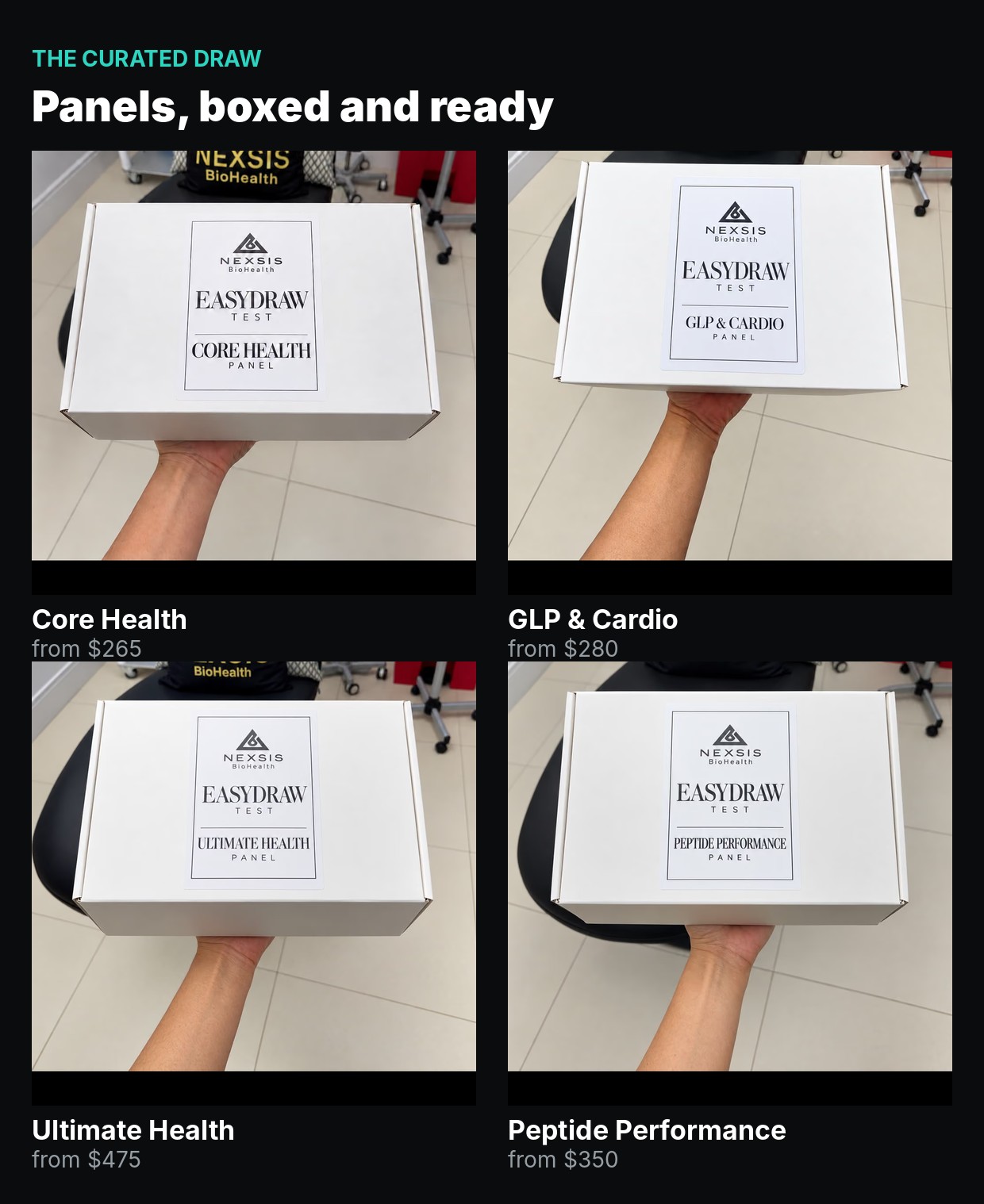 Nexsis BioHealth EasyDraw test kits for the Core Health, GLP and Cardio, Ultimate Health and Peptide Performance panels in the Brickell treatment room
