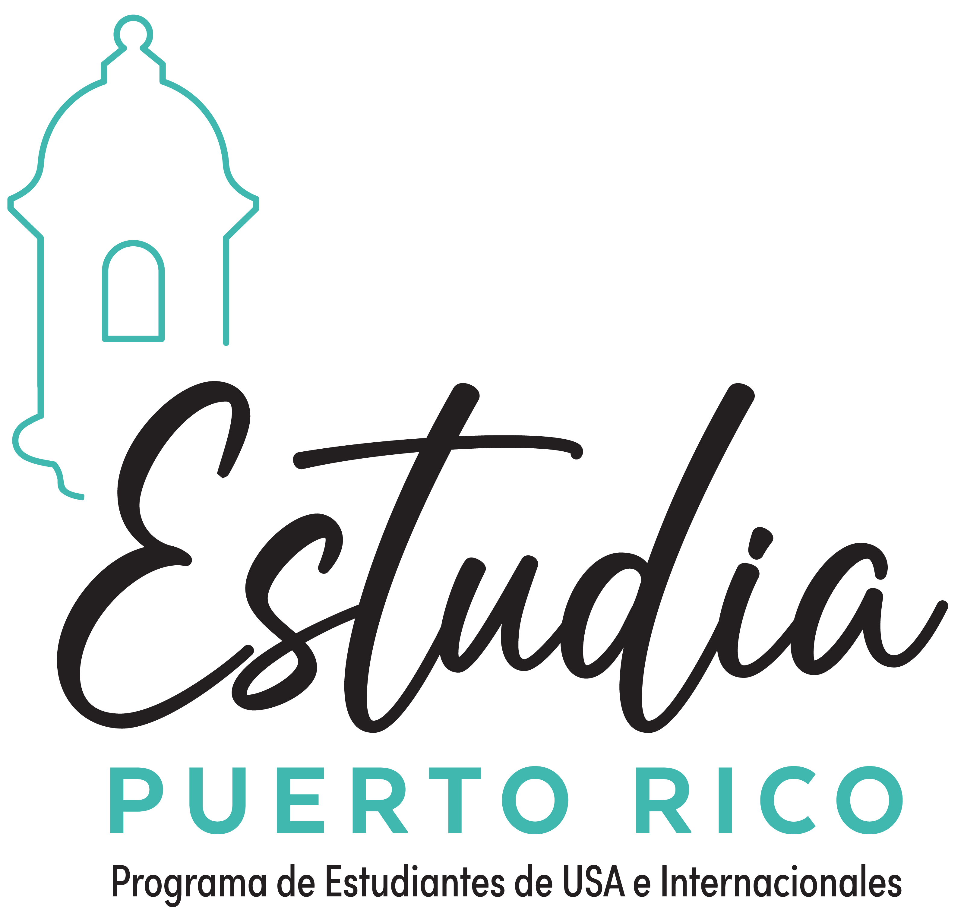 logo de Study Puerto Rico letras y dibujo que representa la Garita del Morro en San Juan