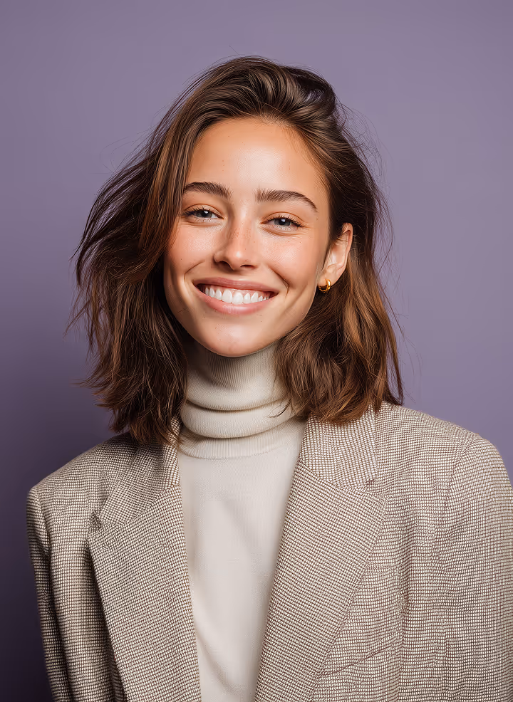 Smiling young woman with shoulder-length brown hair wearing a beige plaid blazer and cream turtleneck against a purple background.