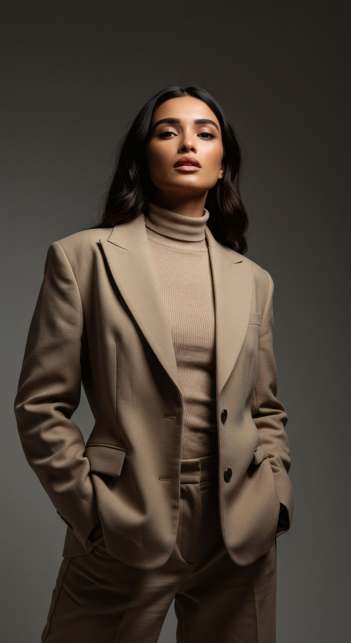 Confident woman wearing a beige blazer and matching turtleneck with hands in pockets against a dark background.