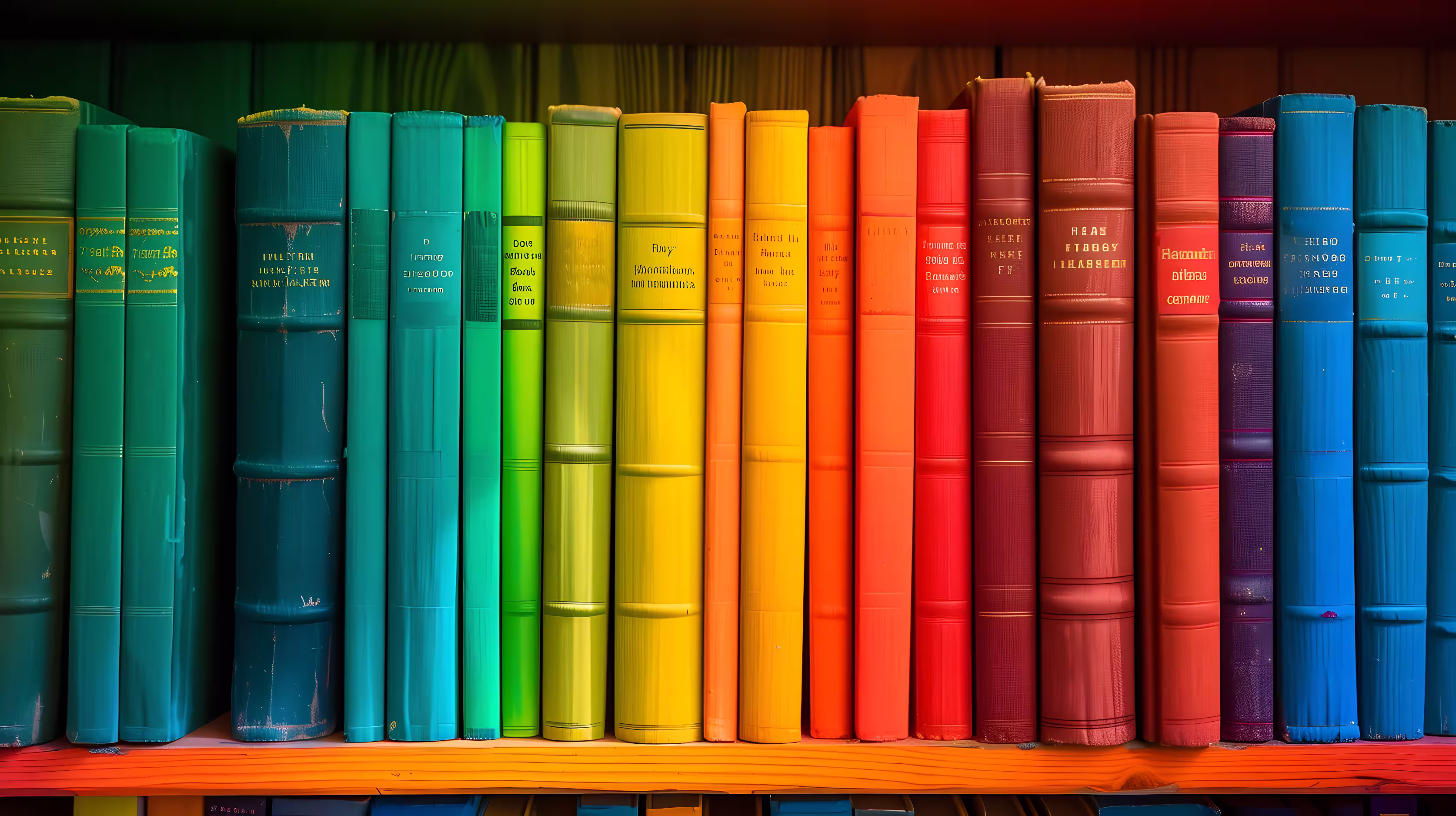 A shelf of books arranged by color, representing a wide range of perspectives, ideas, and academic disciplines.
