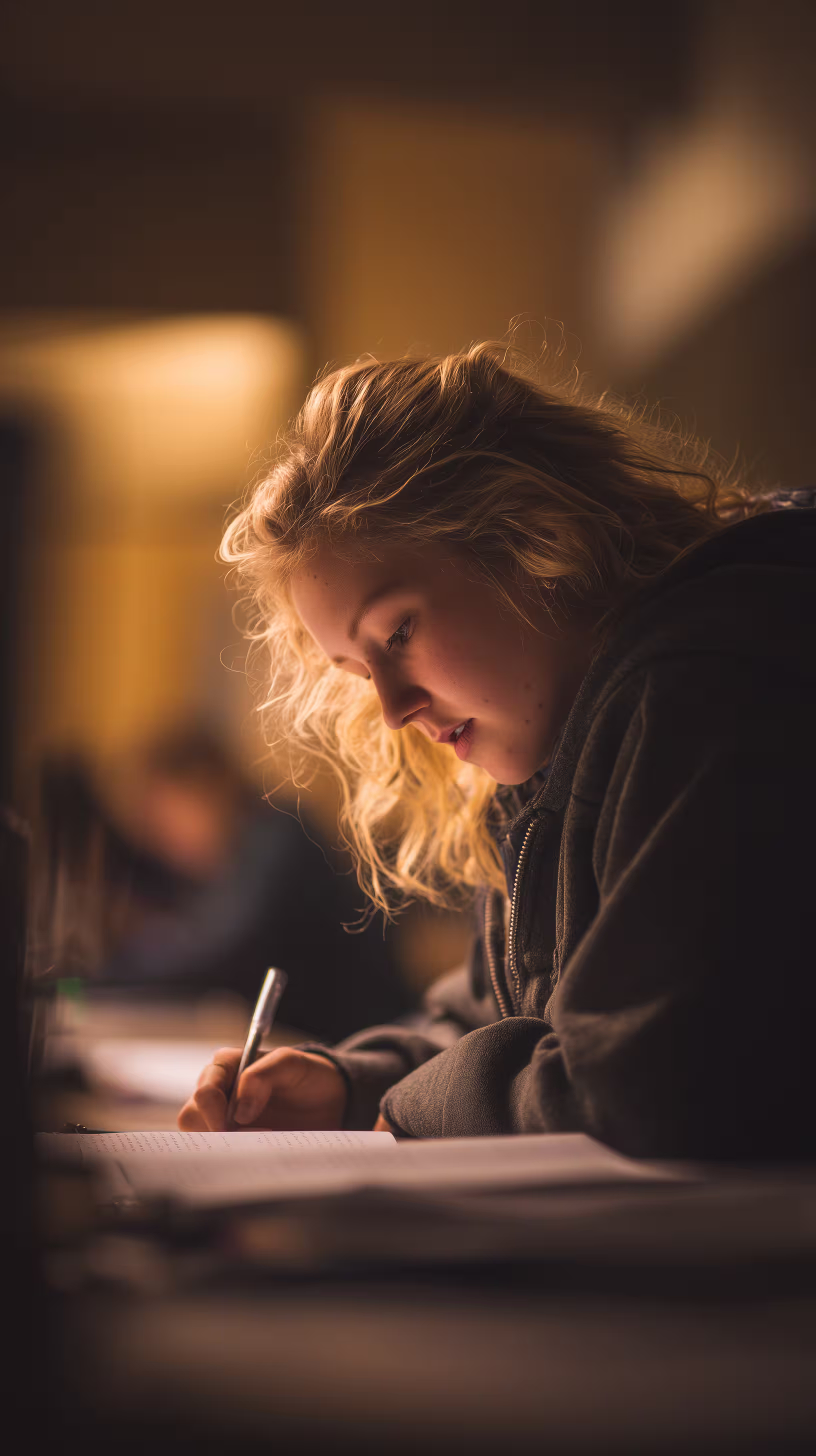 A student writing in a notebook while concentrating on academic work in a quiet study environment.