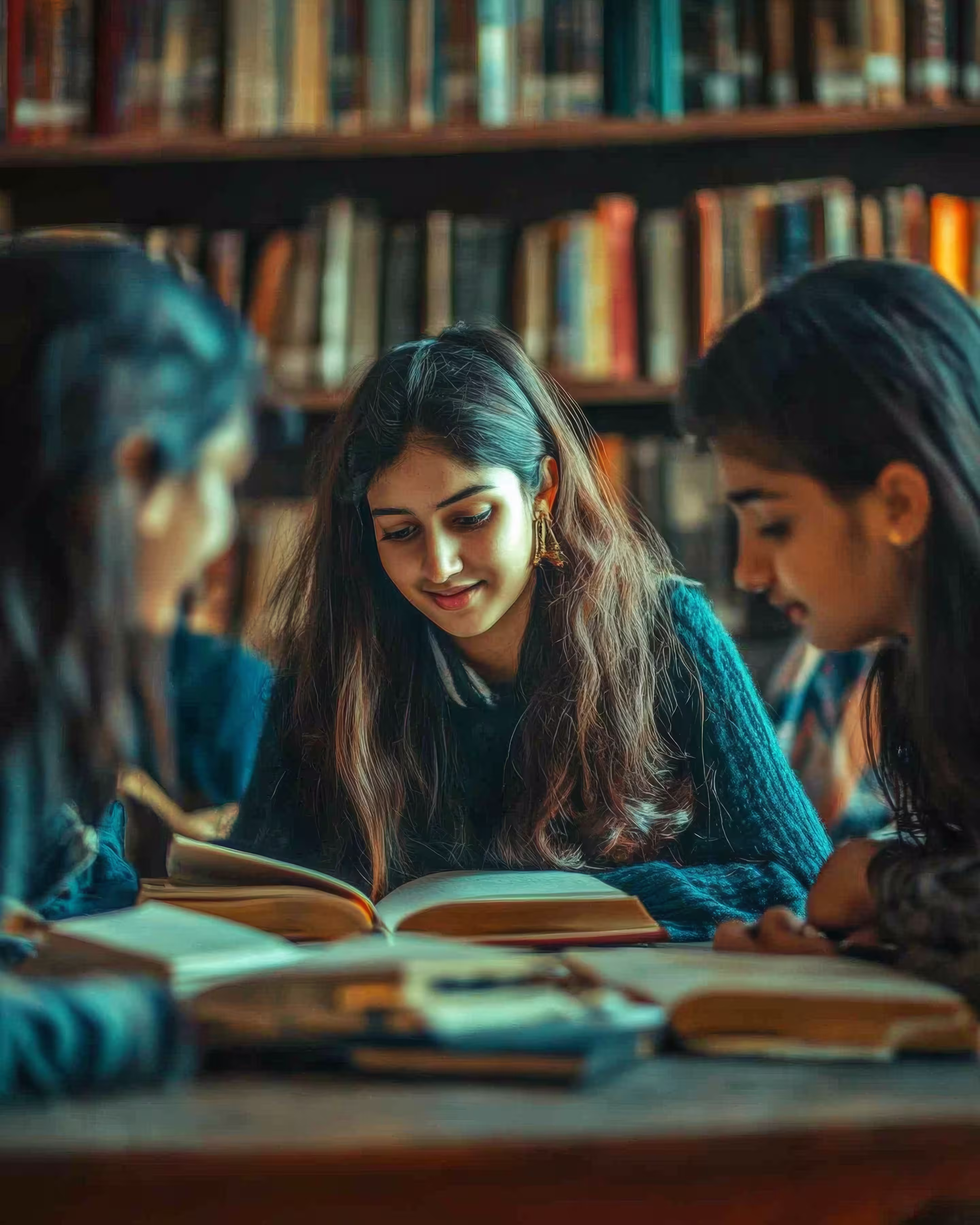 three students siting at a table. in the library