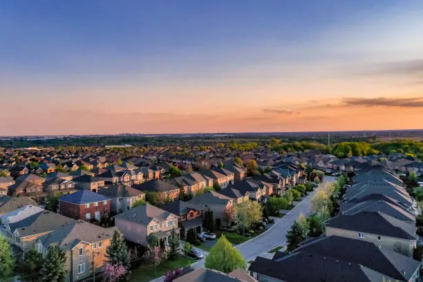 Aerial view of a North Idaho neighborhood at sunset