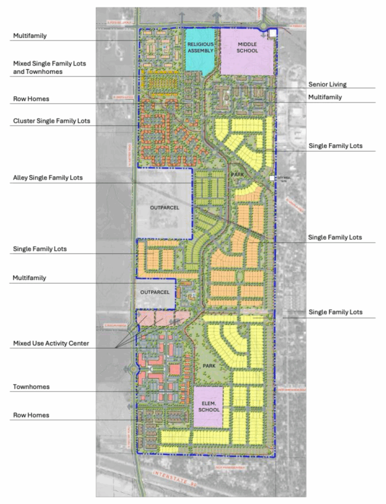 Coeur Terre conceptual master plan showing residential land uses, parks, schools, and a mixed-use activity center