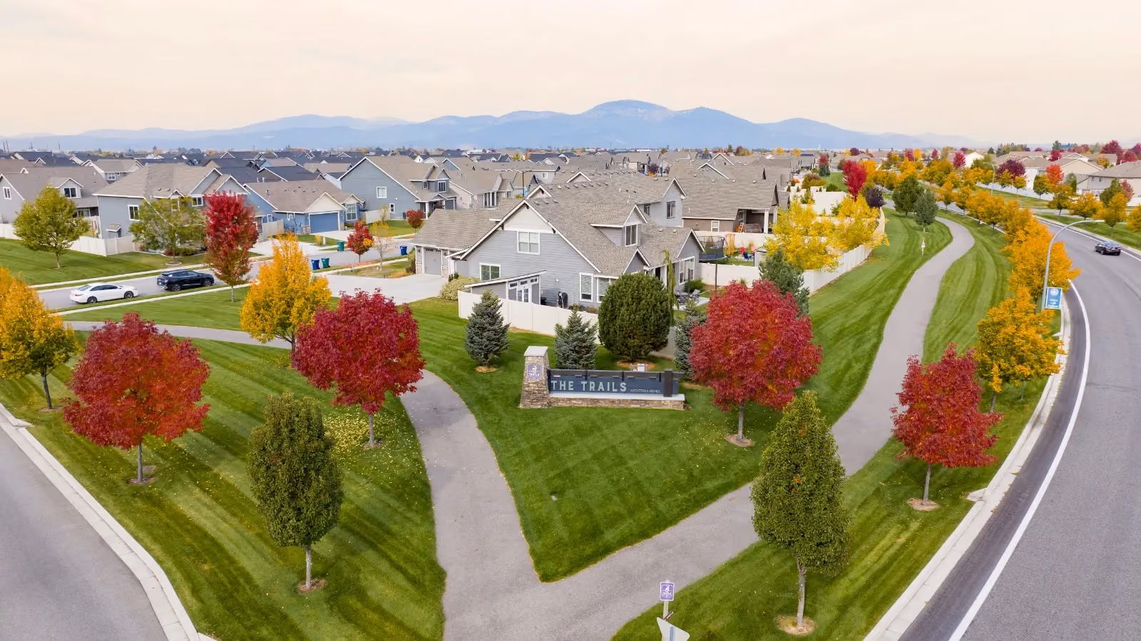 Aerial view of The Trails community entrance