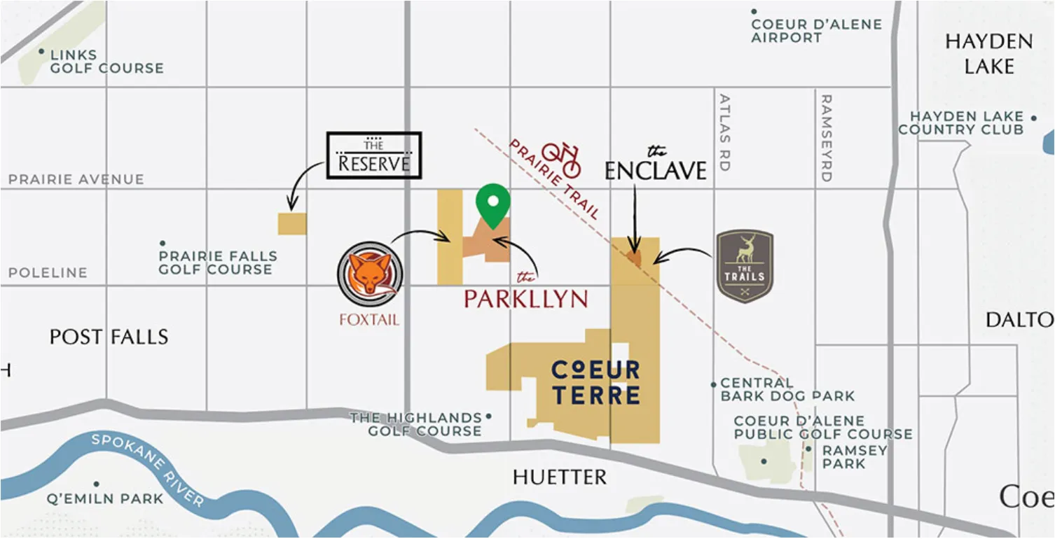 Vicinity map showing the community near N Prairie Trail, N Huetter Rd, and W Hanley Ave