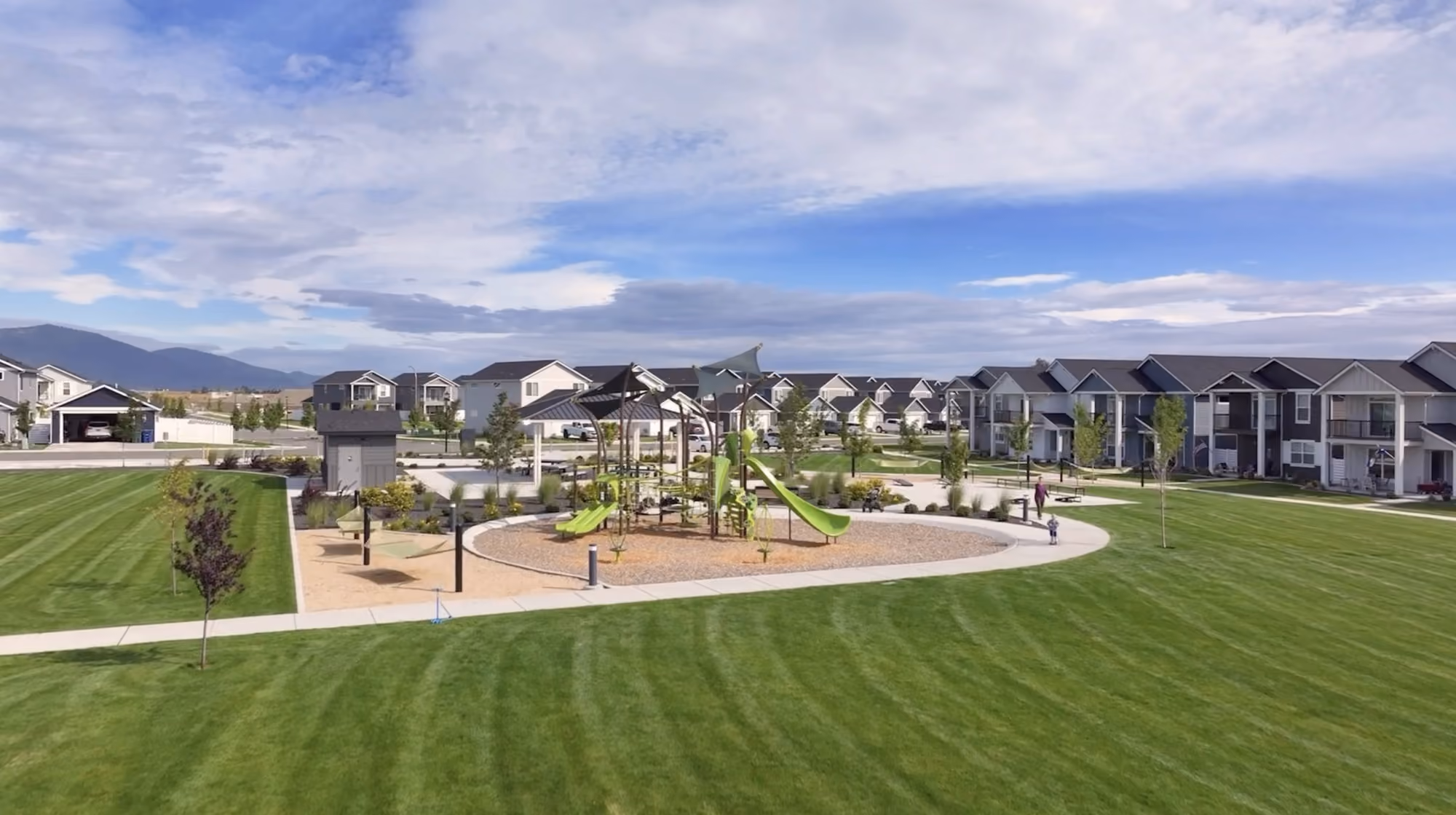 Aerial view of a Pacific Northwest community at golden hour