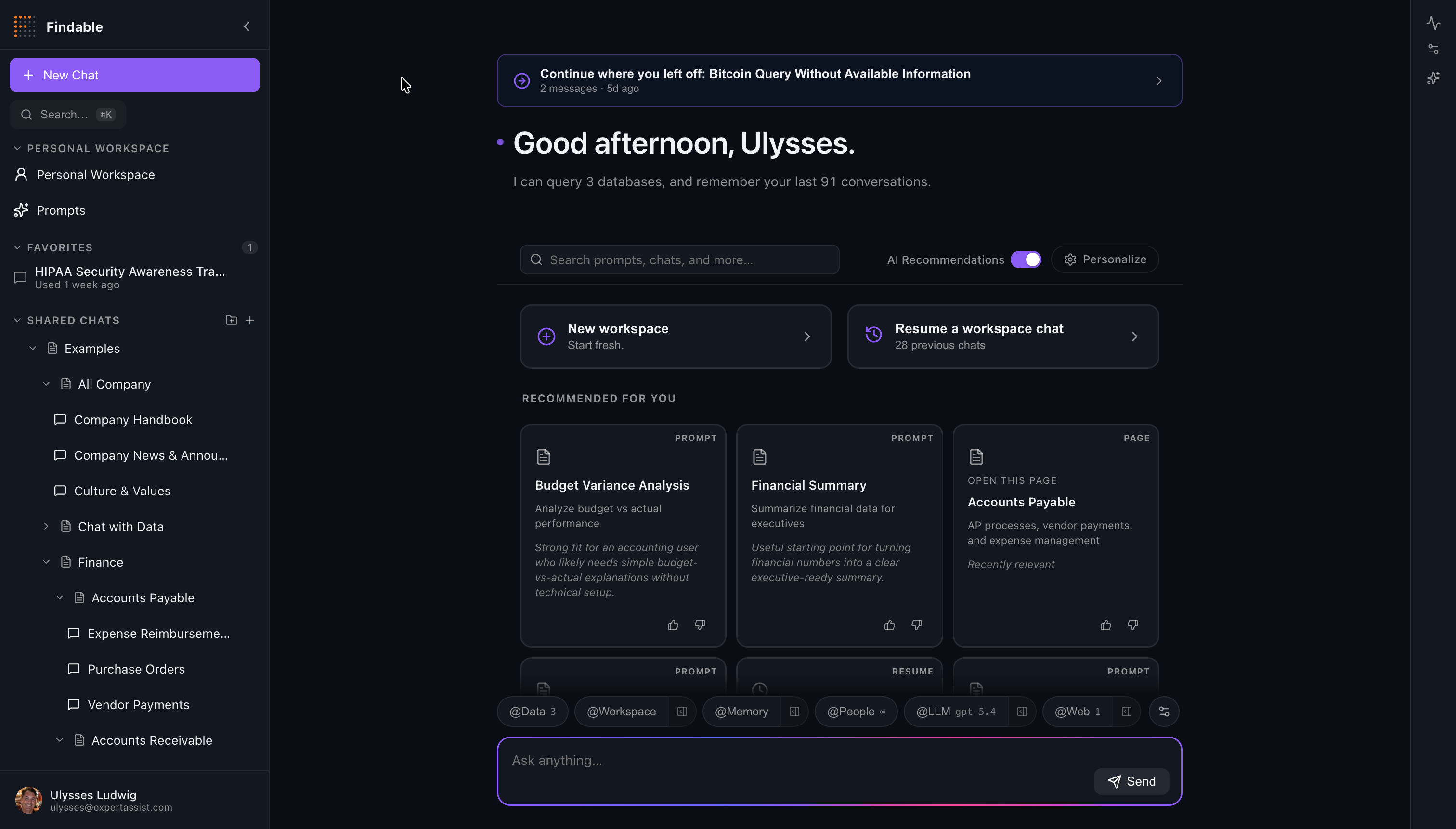 Findable platform: curated chats by department with personalized AI recommendations.