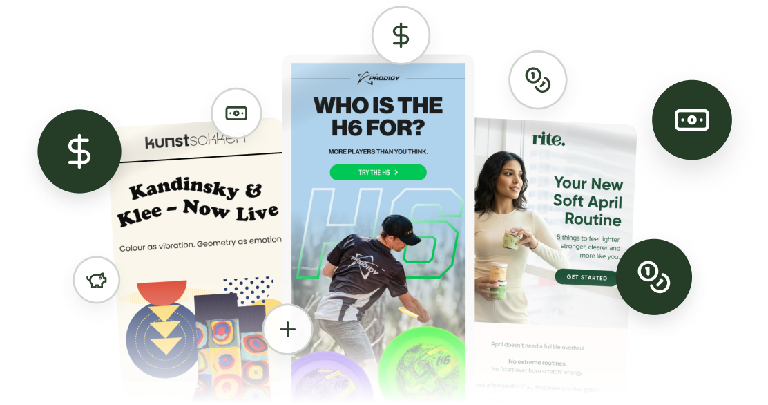 Editorial email designs surrounded by revenue icons