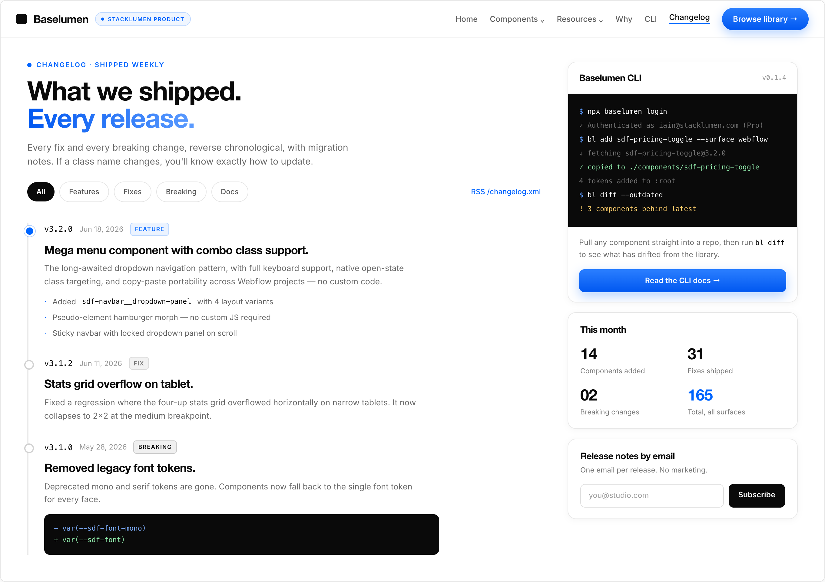 Baselumen changelog page listing releases with migration notes alongside the Baselumen CLI
