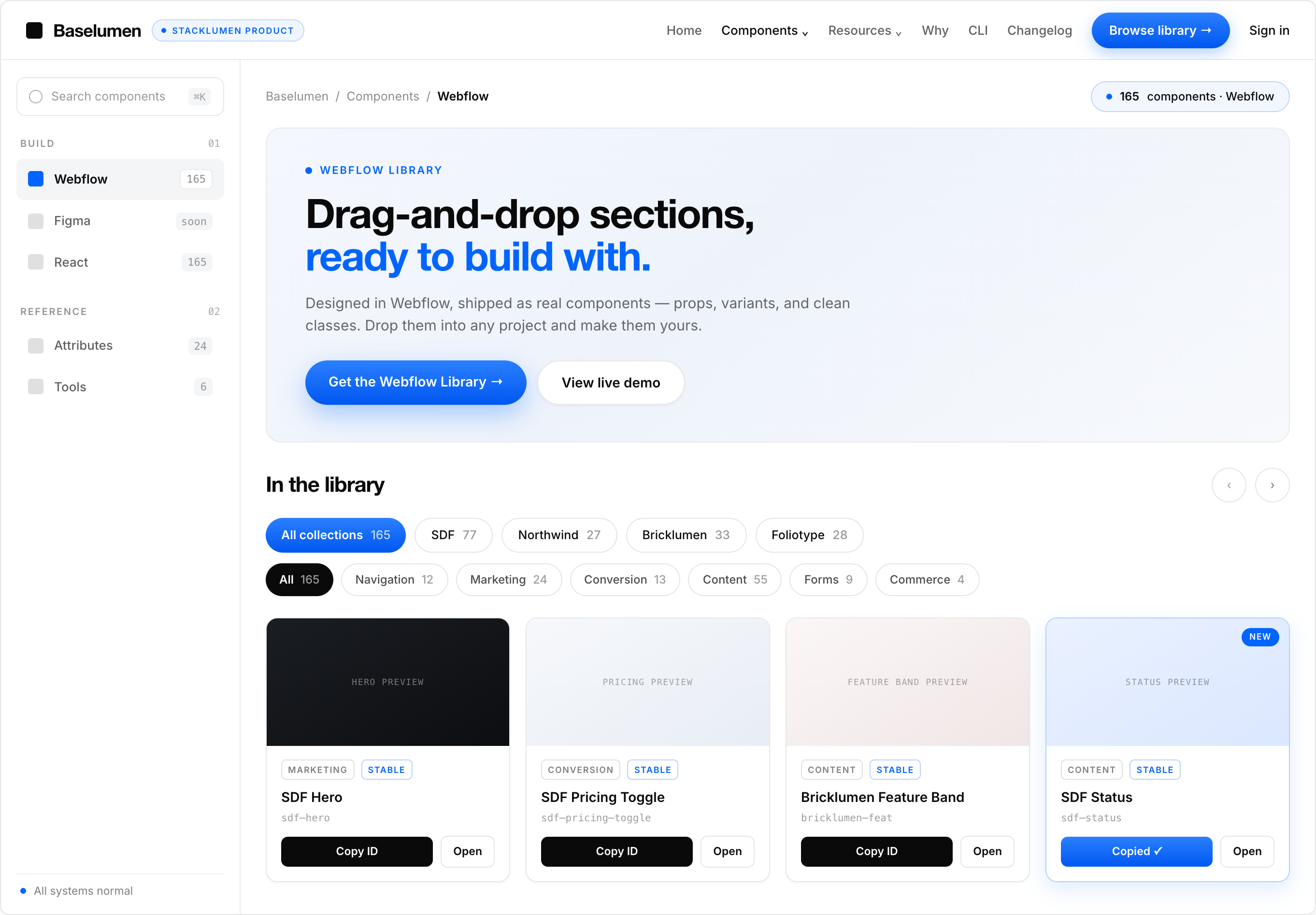 Baselumen component library browser showing 165 Webflow components with category filters and copy-ID cards