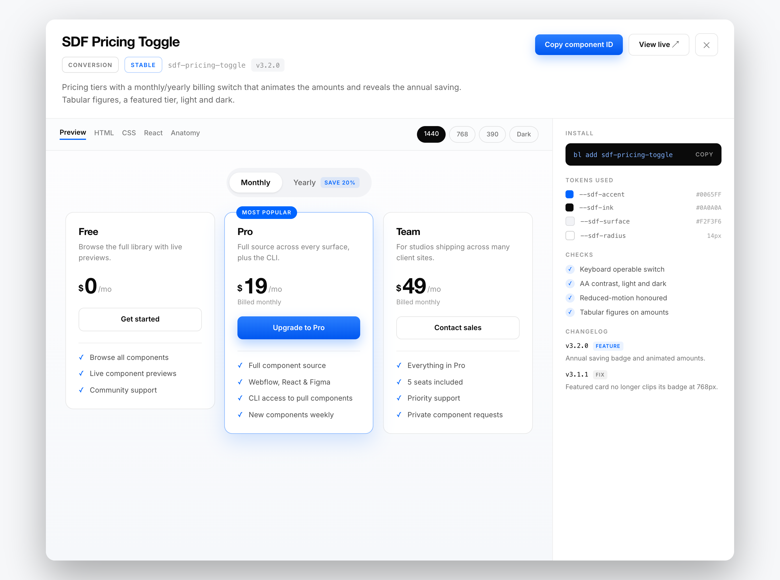 Baselumen component detail view for the SDF Pricing Toggle, with live preview, install command, design tokens and accessibility checks