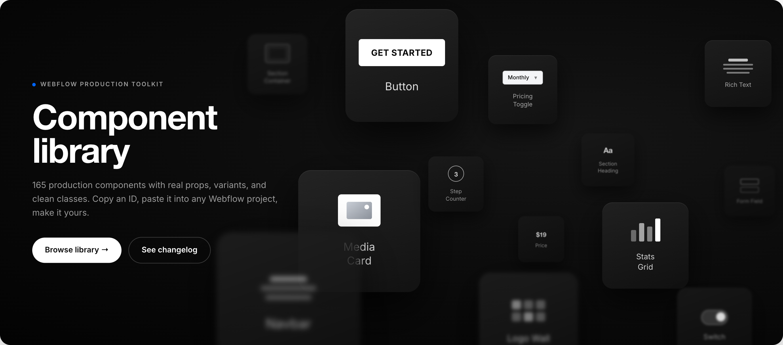Baselumen component library promotional banner with floating component tiles on a dark background