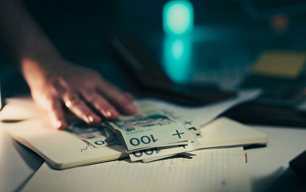 Hand over dollar bills on a desk.