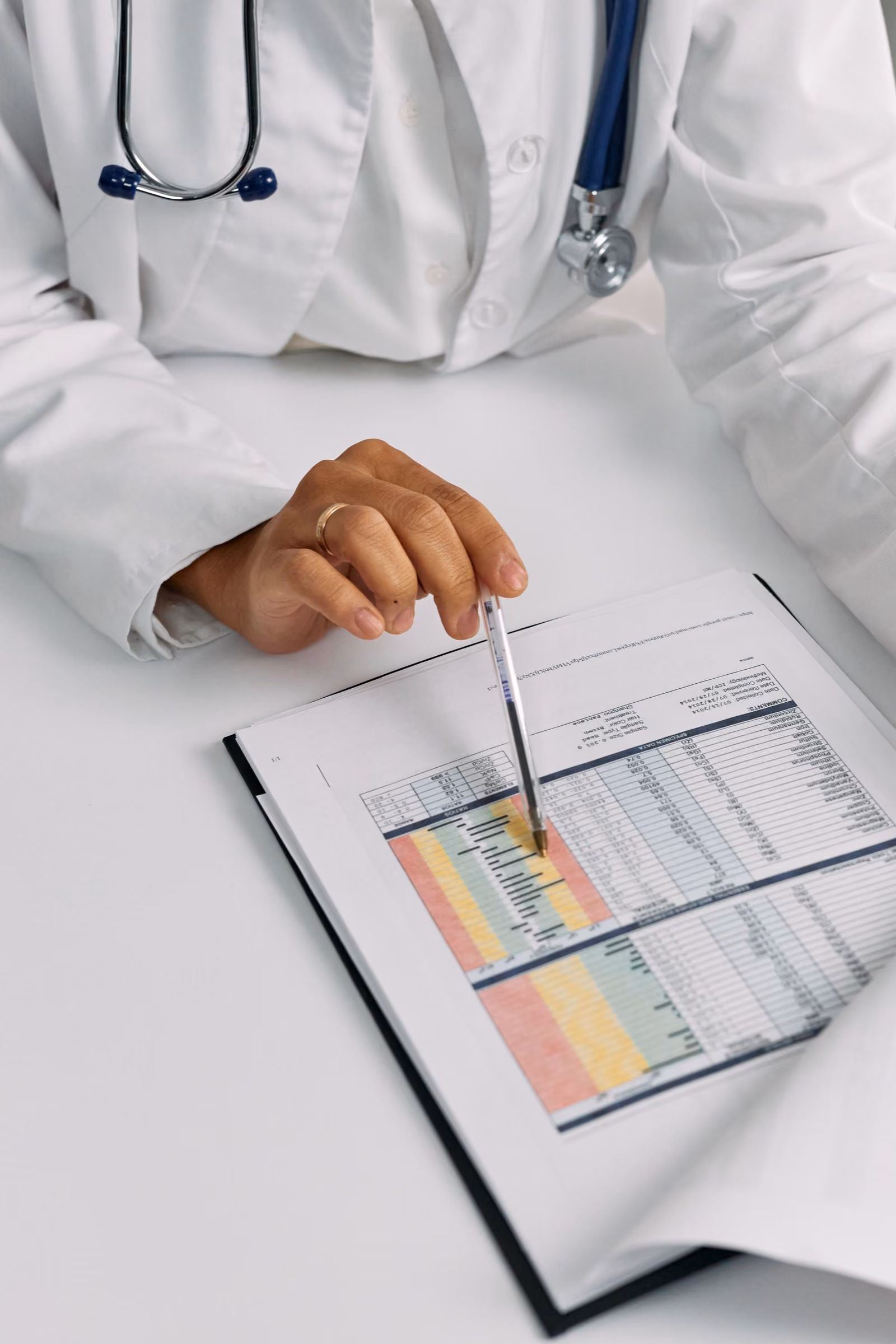 Allergist reviewing a patient's test results chart