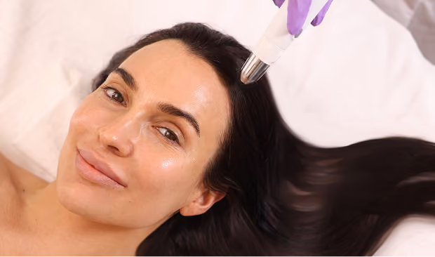Frau erhält eine Gesichtsbehandlung mit dem Dermadrop, bei einem Kosmetikstudio.