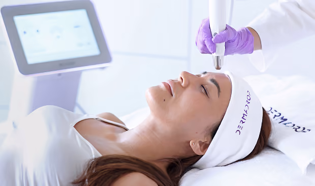 Frau bekommt eine kosmetische Gesichtsbehandlung mit dem Dermadrop.