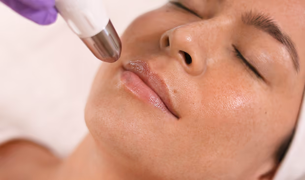 Frau erhält eine kosmetische Lippenbehandlung mit dem Dermadrop.