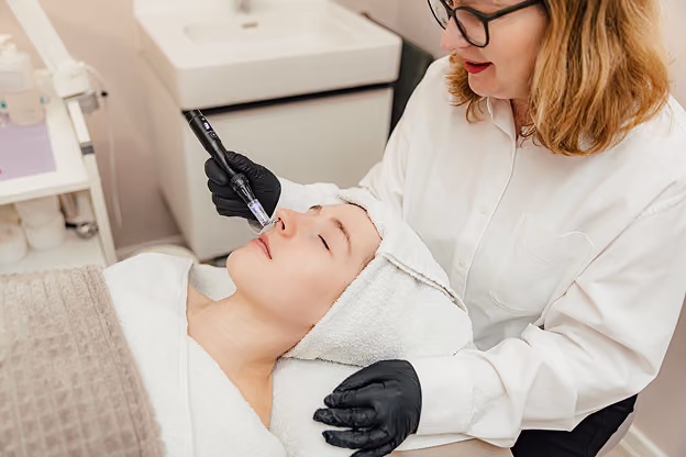 Frau erhält Microneedling-Gesichtsbehandlung in einem Kosmetikstudio.