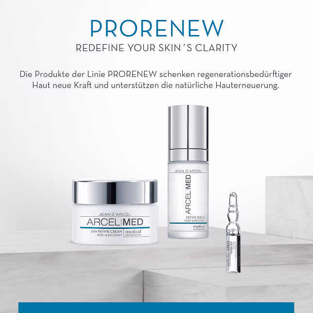 PRORENEW Hautpflegeprodukte von ARCELIMED mit Creme, Serum und Ampulle für Hautregeneration.