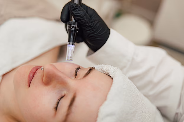 Eine Person erhält eine mikronadelnde Gesichtsbehandlung durch eine medizinische Fachkraft mit schwarzen Handschuhen.