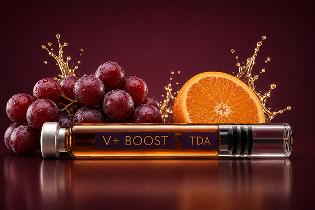 Ein Glasfläschchen mit orangefarbener Flüssigkeit, beschriftet mit V+ BOOST TDA, vor einem Hintergrund aus roten Trauben.