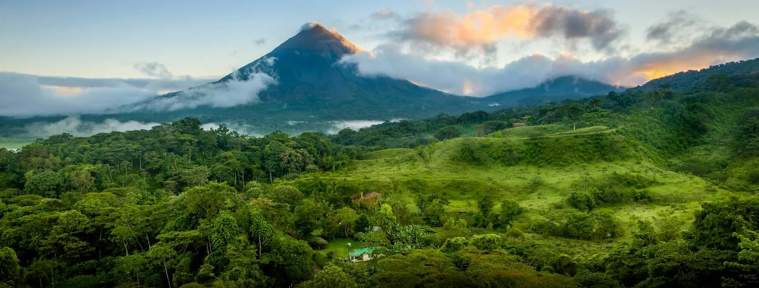 Lush green forest and hills with a mist-covered mountain under a colorful sunset sky.