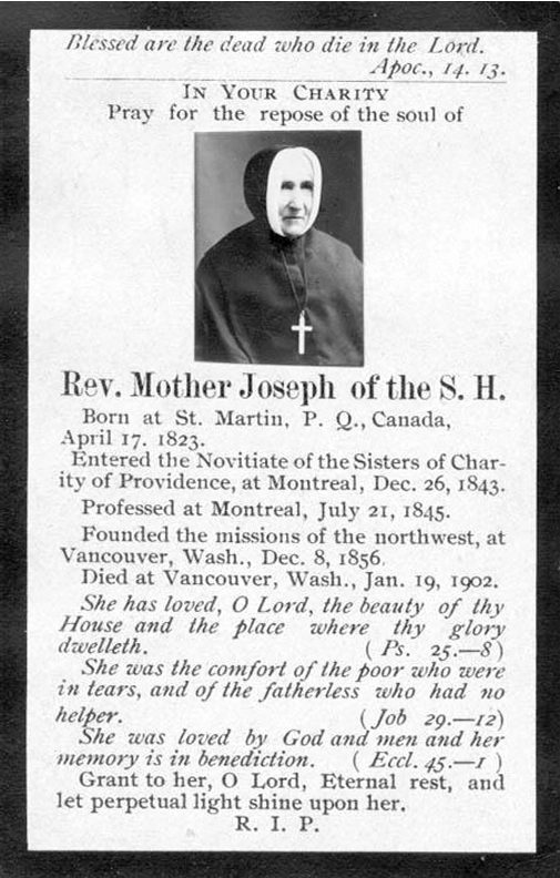 Mother Joseph of the Sacred Heart's 1902 memorial card, with an oval portrait of her in her habit above a memorial inscription.