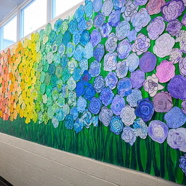 Flowers displayed in a school hallway at St. Joseph Marquette Catholic School in Yakima