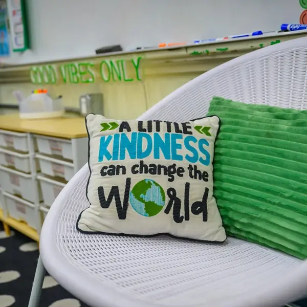 A kindness-themed pillow in a classroom at St. Joseph Marquette Catholic School in Yakima