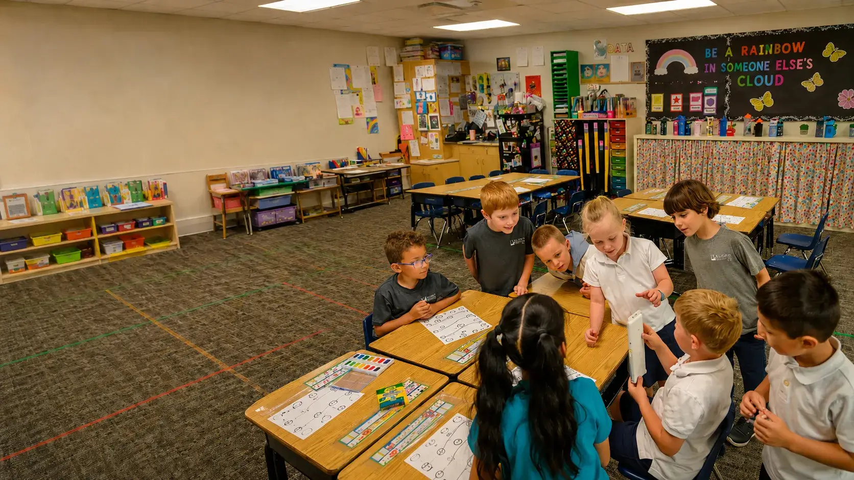 A group of young schoolchildren gathered around a boy holding a a color paint set in a classroom at St Joseph Marquette Catholic School.