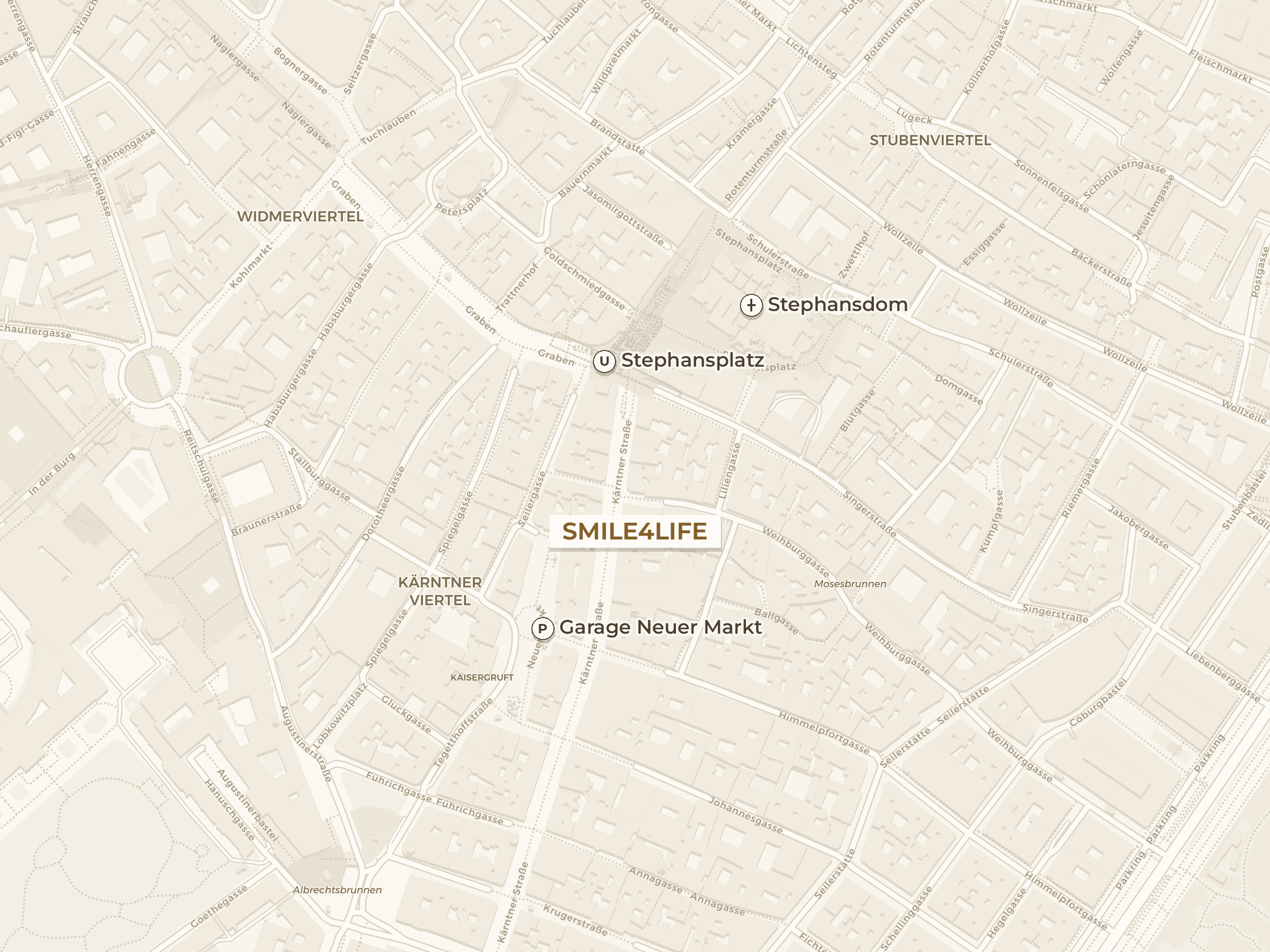 Lageplan der Zahnarztordination Smile4Life, Kärntner Straße 9, 1010 Wien: eingezeichnet sind die U-Bahn-Station Stephansplatz, der Stephansdom und die Garage Neuer Markt