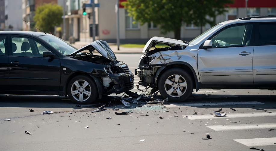 Head-on collision damage to the front of a vehicle