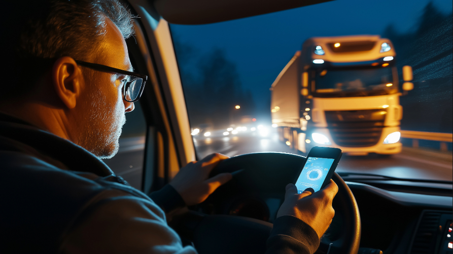 Distracted driver looking at a phone behind the wheel
