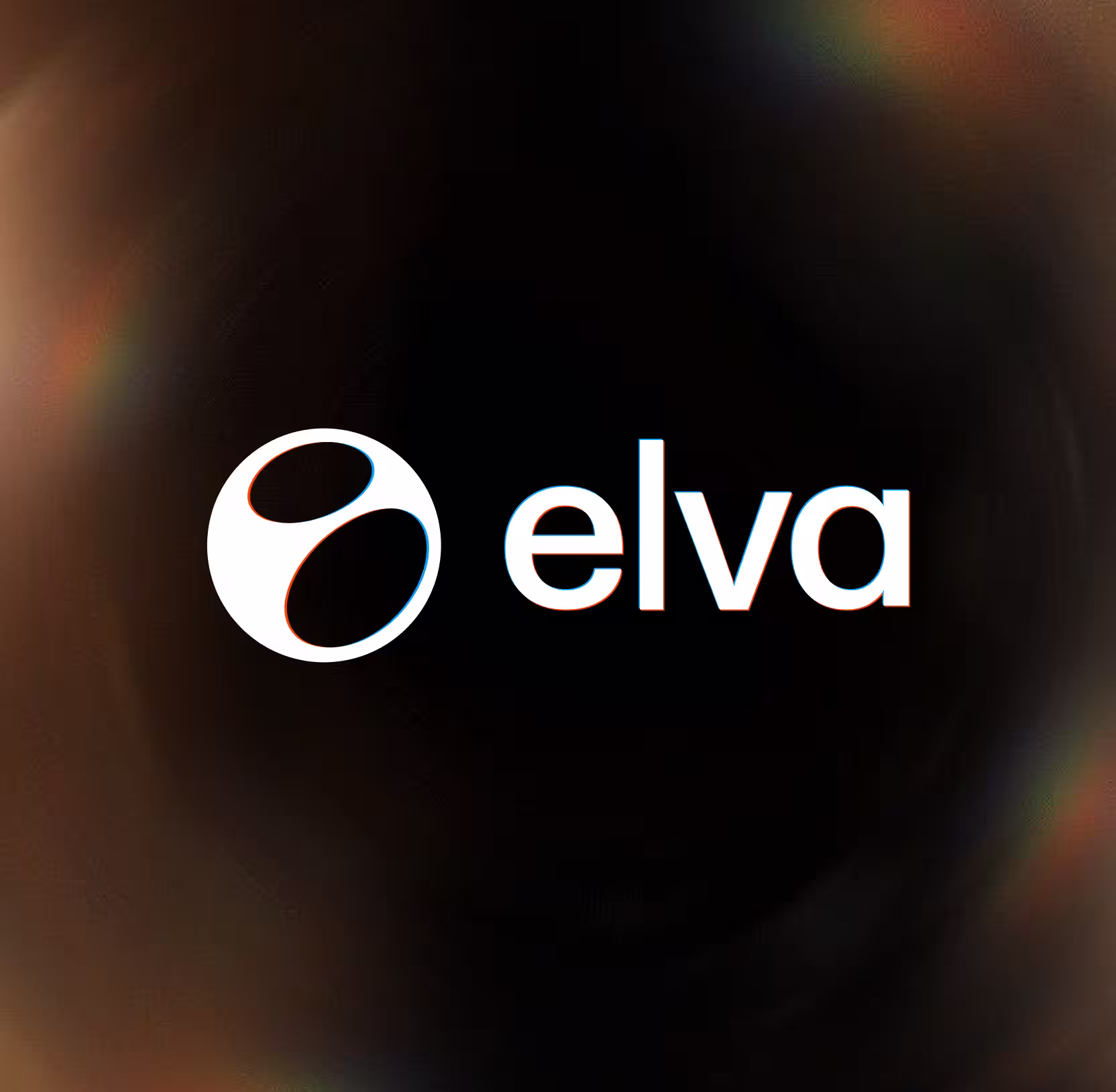 White Elva logo with two oval shapes in a circle on a dark blurred background.