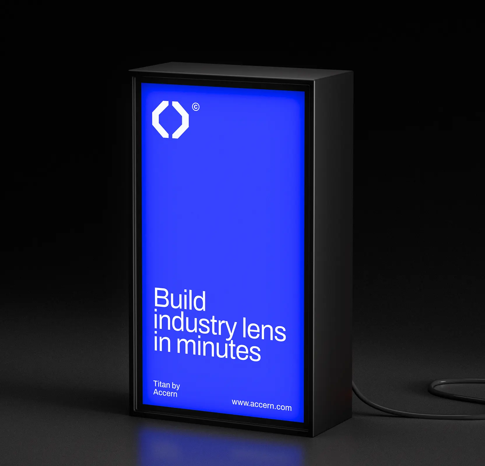 Black box with blue screen displaying 'Build industry lens in minutes' and the Accern logo and URL.