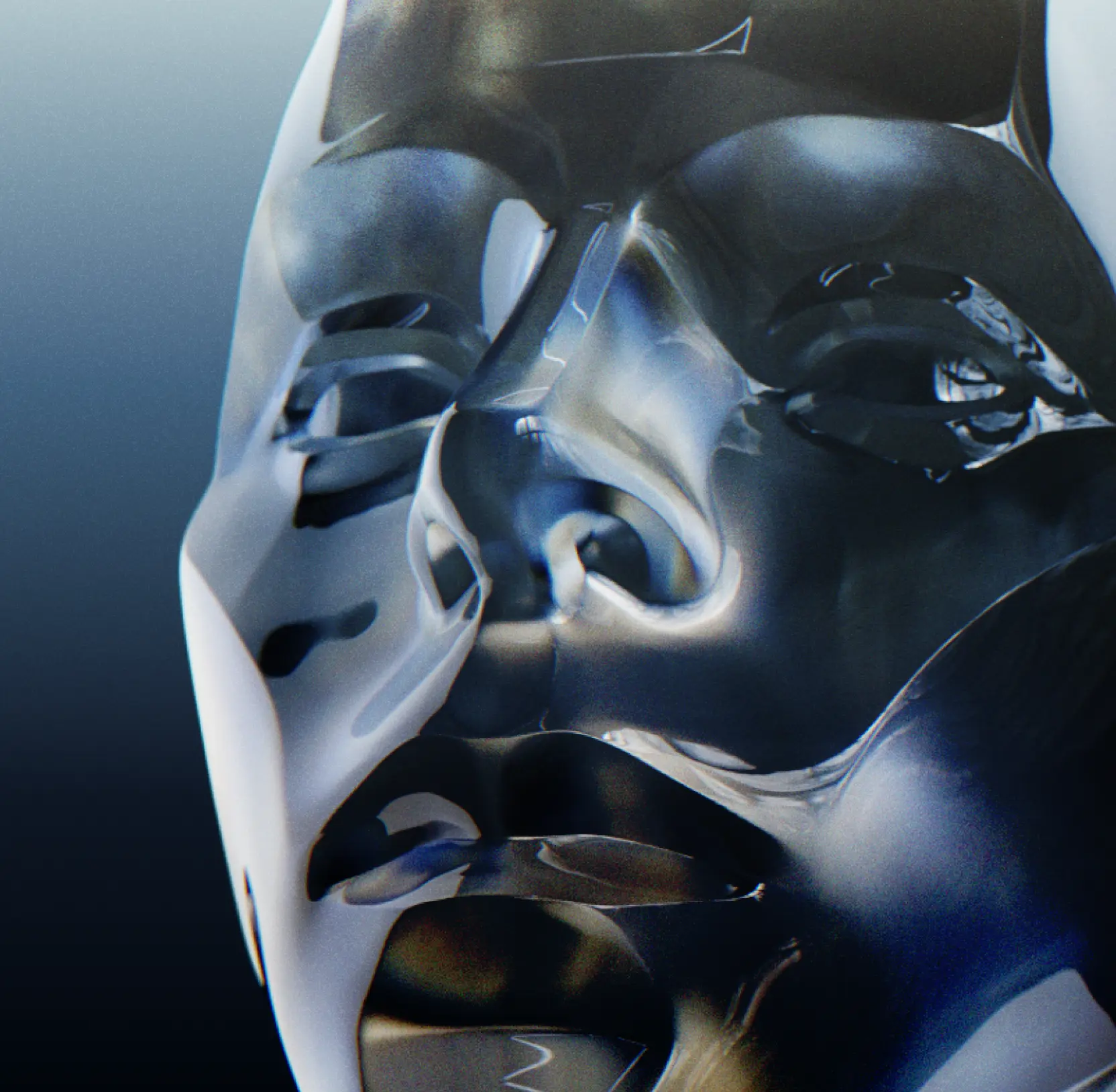 Close-up of a reflective, translucent human face sculpture with smooth, fluid shapes.