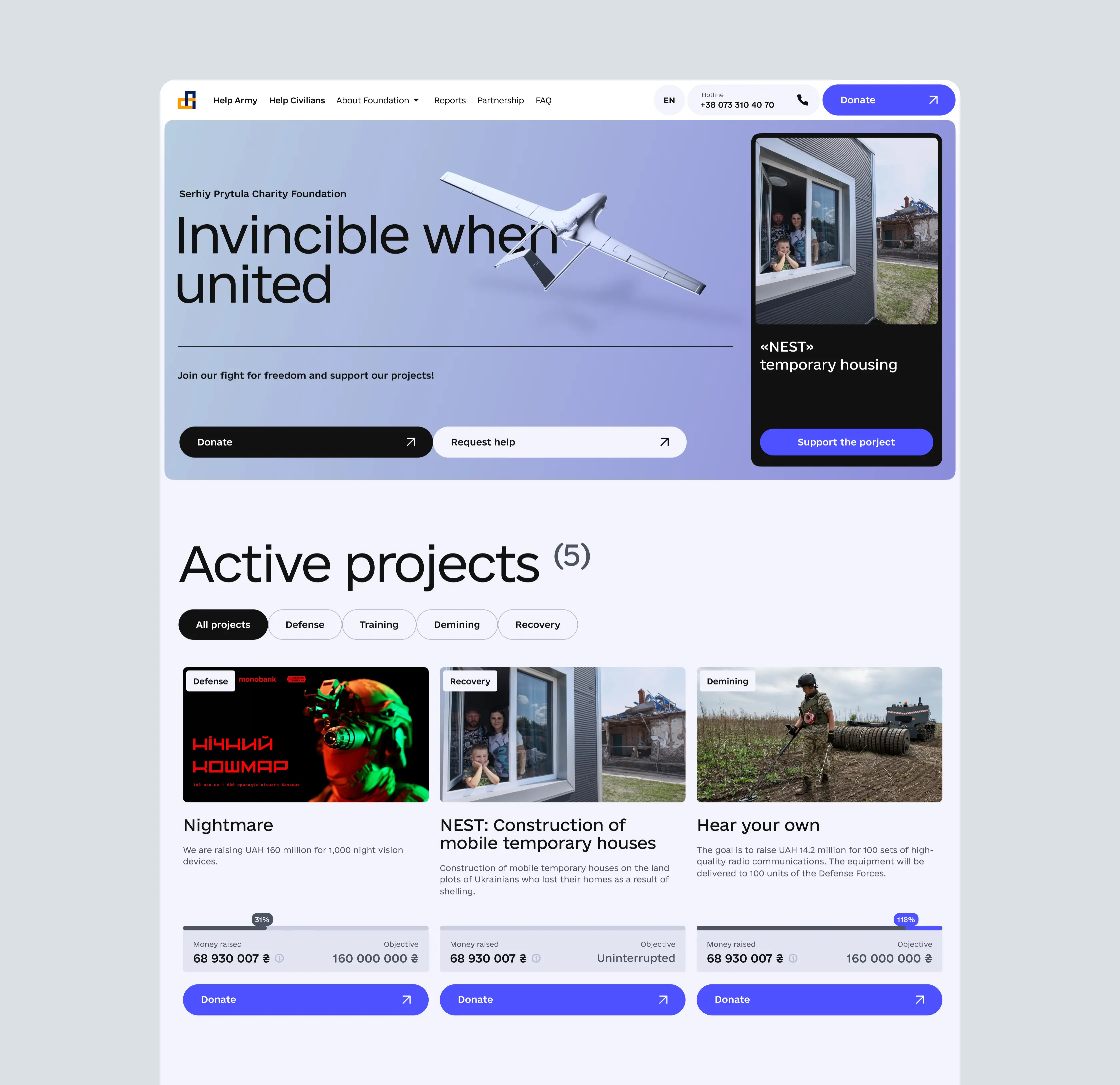 Charity foundation webpage showing active projects: night vision devices, temporary housing, and radio communication support.