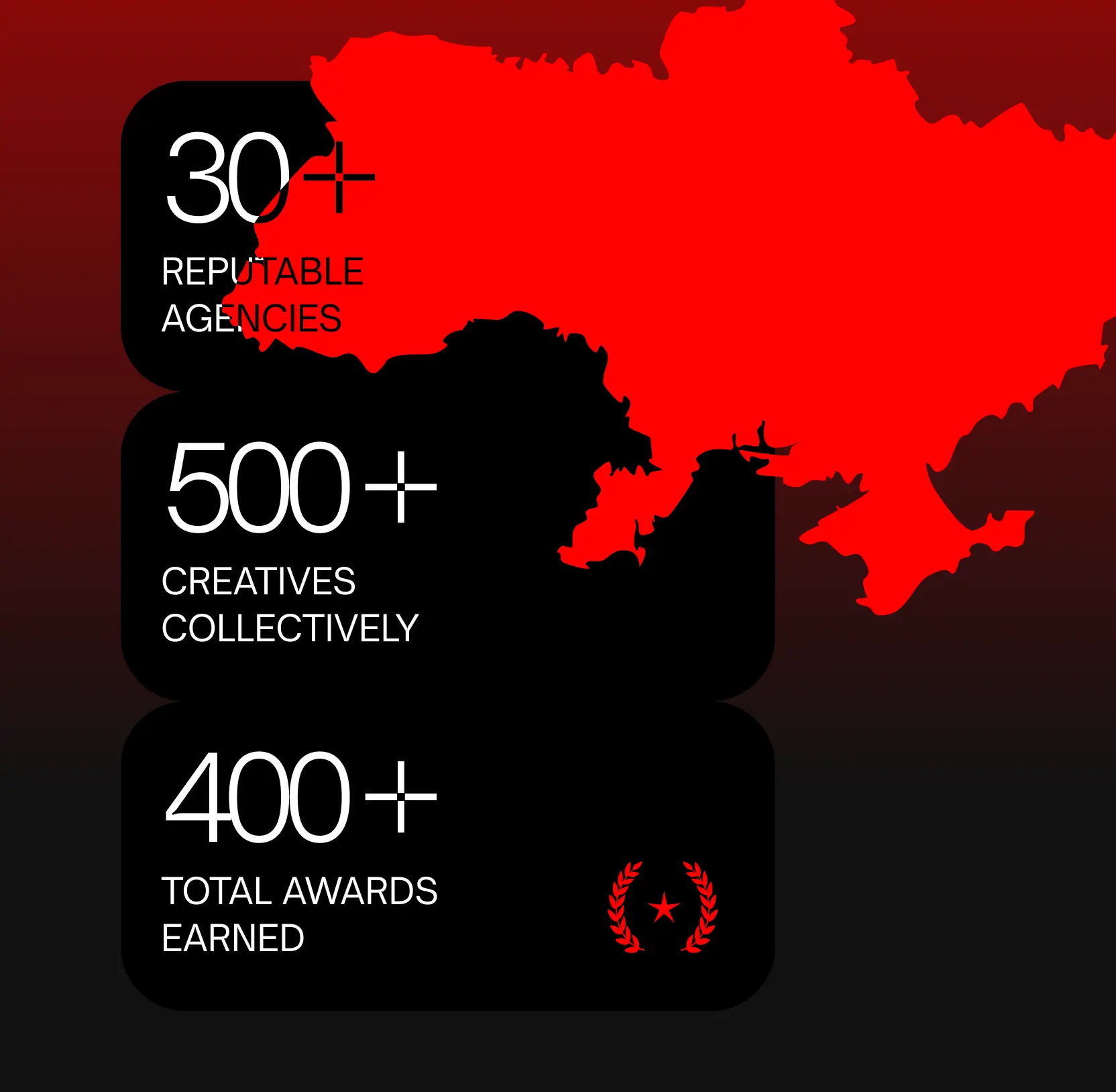Red map of Ukraine with stats: 30+ agencies, 500+ creatives, 400+ awards earned.