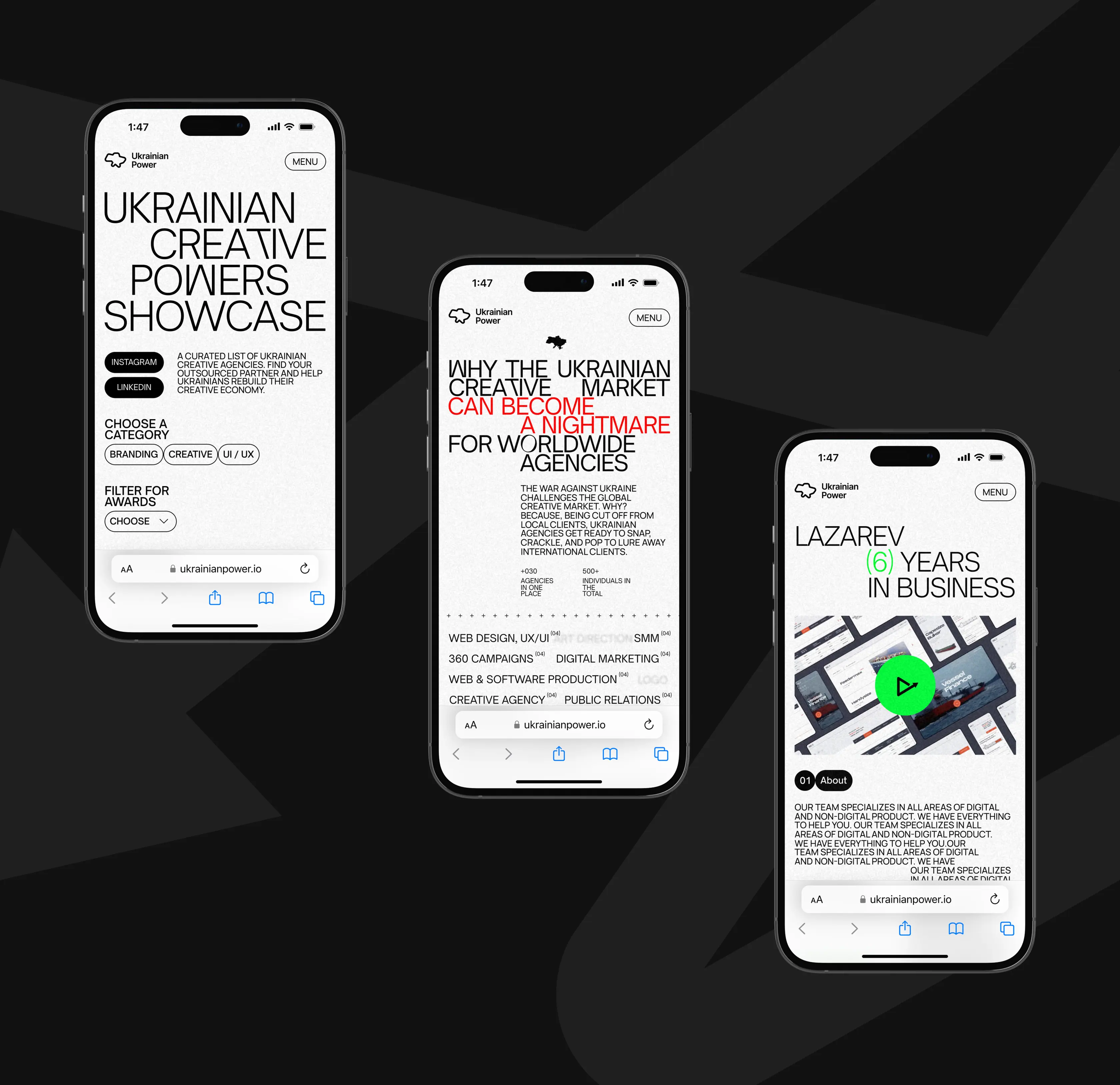 Three smartphones displaying Ukrainian creative agencies showcase, market challenges, and a business profile.