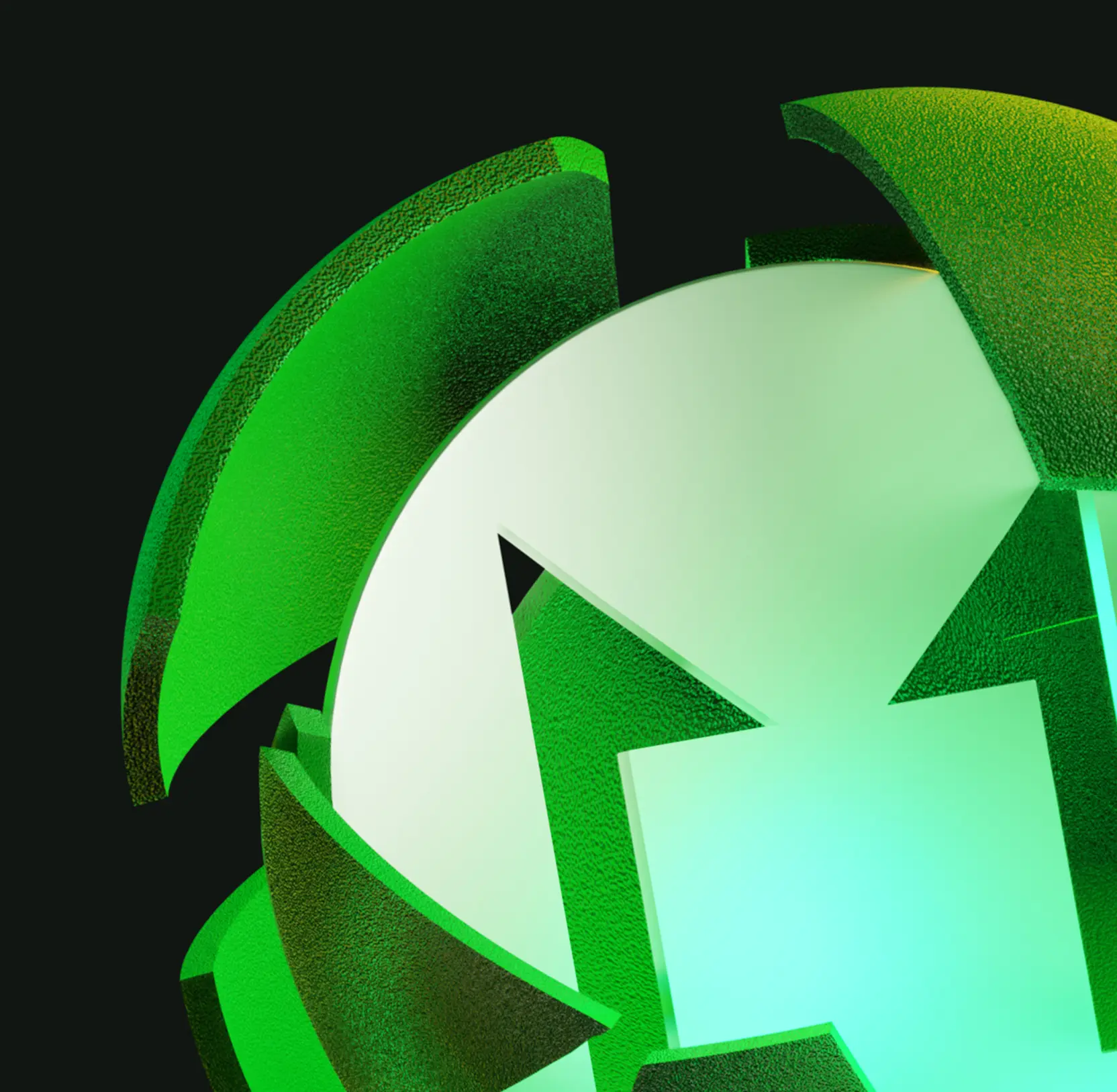 Green and white abstract geometric 3D shapes with textured surfaces on black background.