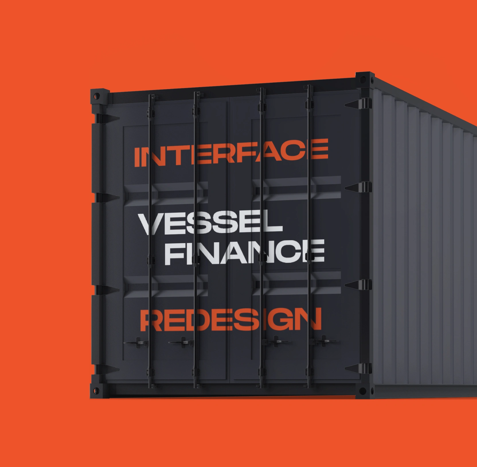 Black shipping container with orange background and text: Interface Vessel Finance Redesign.