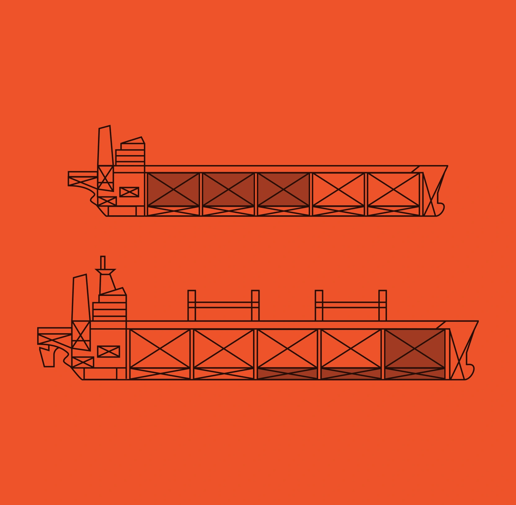 Two simple outlined bulk carrier cargo ships with shaded cargo holds on an orange background.